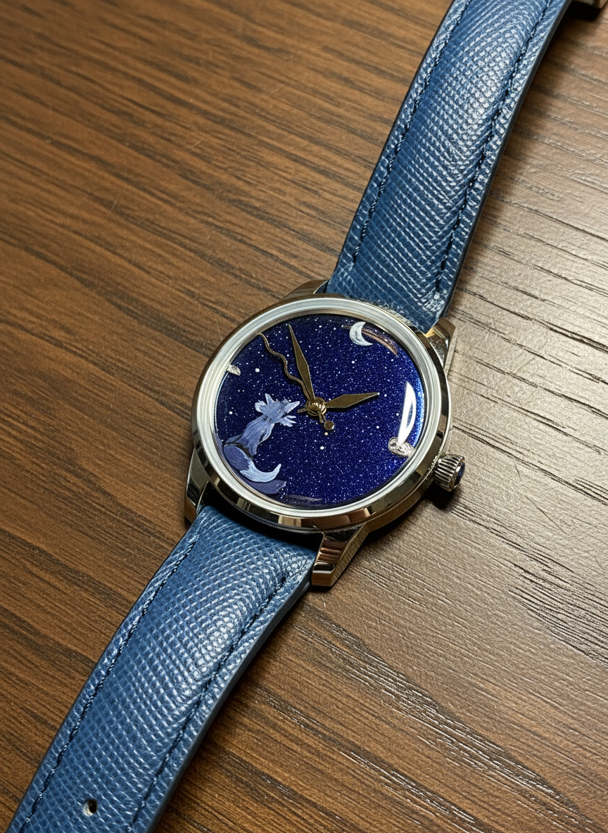 Enhanced luxury timepiece on dark oak wood